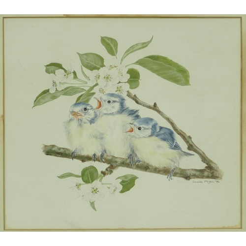 201 - Louise Mizon, Watercolour depicting 3 chicks upon a branch, signed and dated 86, in blue frame, 18cm... 