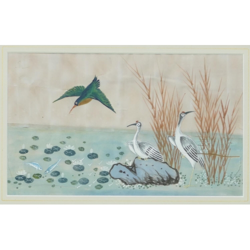 206 - 3 x Oriental Rice Pictures depicting various birds, in gilt frames, 18.5cm x 31cm (1 cracked and 2 s... 