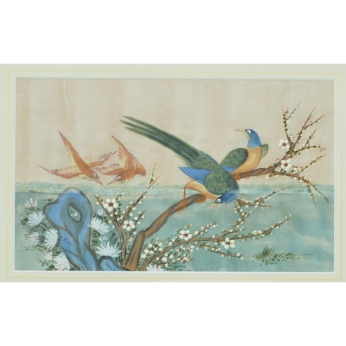 206 - 3 x Oriental Rice Pictures depicting various birds, in gilt frames, 18.5cm x 31cm (1 cracked and 2 s... 