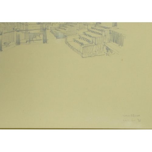 221 - Isolabella, 3 Pencil Sketches, figures, boats and buildings to step, all dated 31, framed, 17cm x 22... 