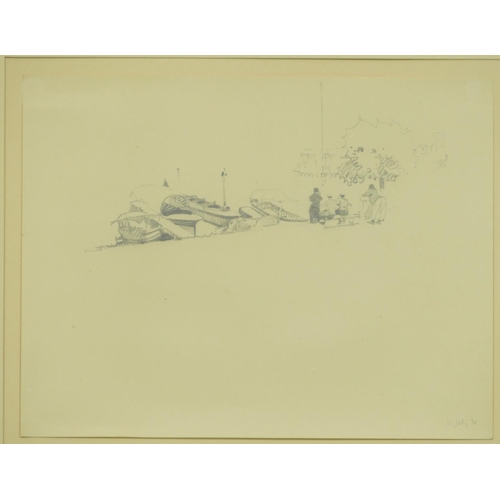 221 - Isolabella, 3 Pencil Sketches, figures, boats and buildings to step, all dated 31, framed, 17cm x 22... 