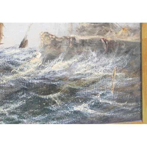 223 - A Marine Oil on Canvas, sailing boats in rough seas, off jetty, unsigned, in gilt frame (tear to bot... 