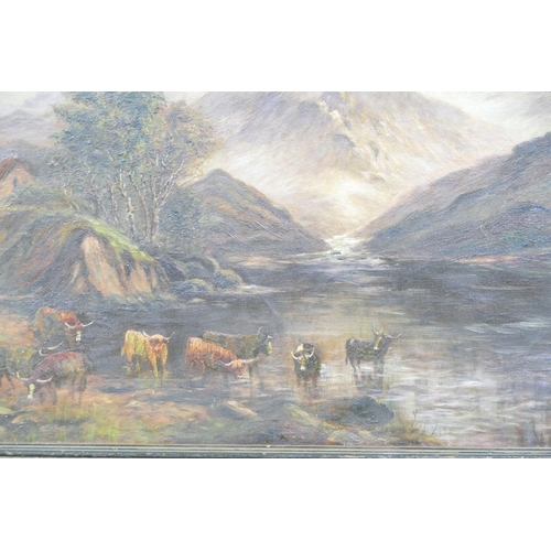 224 - E Adams, Oil on Canvas highland cattle standing in lock with hills in background, signed and dated 1... 