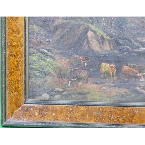 224 - E Adams, Oil on Canvas highland cattle standing in lock with hills in background, signed and dated 1... 