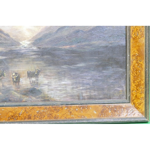 224 - E Adams, Oil on Canvas highland cattle standing in lock with hills in background, signed and dated 1... 