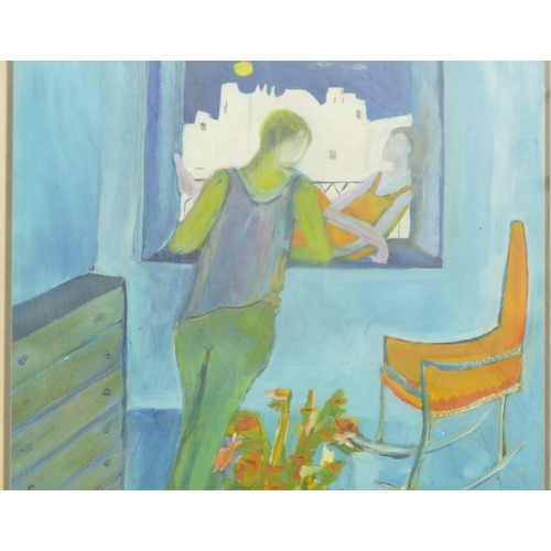 225 - A Modern Oil on Card depicting figures in room looking out to window, indistinctly monogrammed JBN, ... 