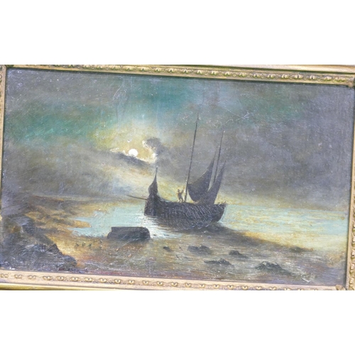 229 - A 19th Century Marine Oil on Board depicting sailing boat at moonlight, unsigned, in gilt frame, 15c... 