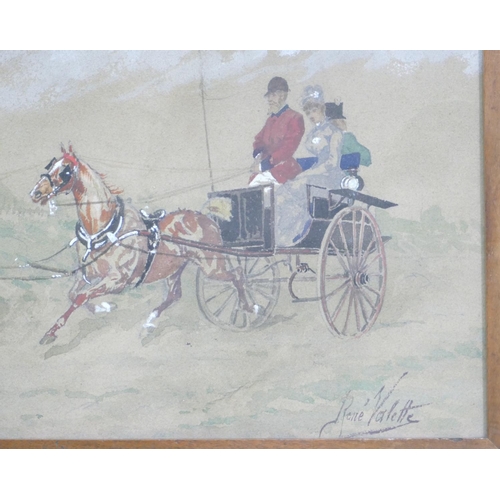 233 - Rene Valette, Heightened Watercolour depicting horse drawn carriage with figures, signed, in mahogan... 