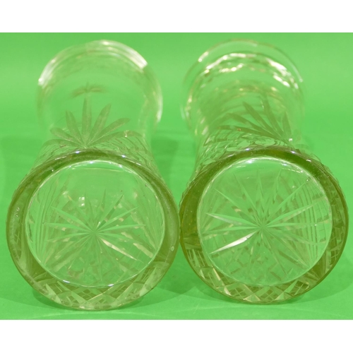 24 - A Pair of Cut Glass Round Trumpet Shaped Vases having scalloped shaped rims, 31.5cm high.