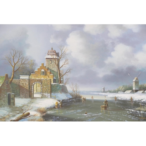 241 - L Stepano, Oil on Board Dutch winter landscape with various frozen lake with windmill in background,... 