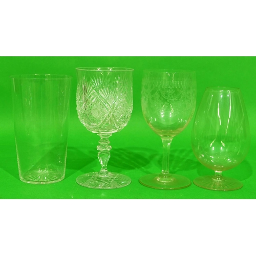 27 - A Set of 5 Engraved Wine Glasses having swag and floral decoration, pair of plain glass tumblers and... 