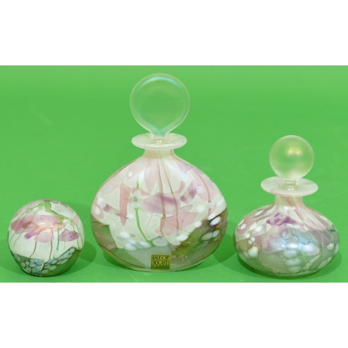 3 - 2 x Isle of Wight Glass Scent Bottles with stoppers, largest 13cm high, also a matching paperweight ... 