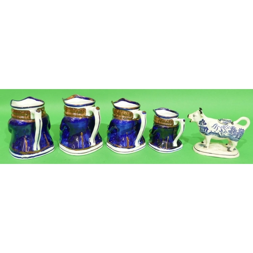 36 - 4 x Graduated Allertons Character Jugs on white and blue ground, largest 14.5cm high, also a blue an... 