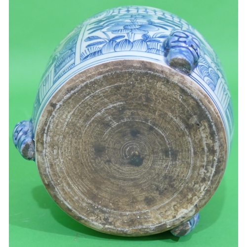 48 - An Oriental Round Bulbous Shaped Brush Pot on blue and white ground having figure floral leaf and sc... 