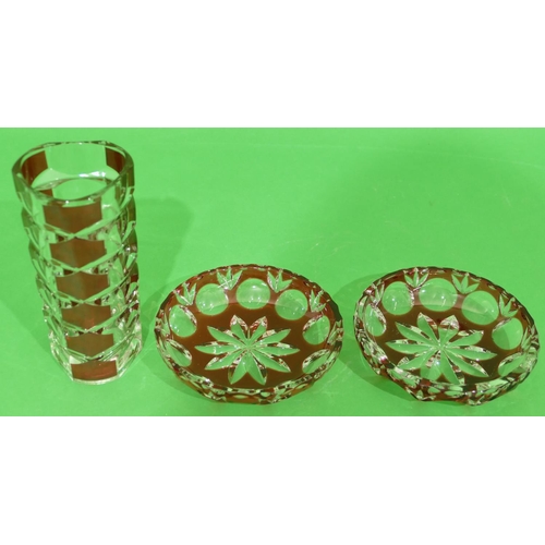 5 - A Pair of Ruby Clear Glass Round Shallow Dishes having thumb pattern rims, 14.5cm diameter, also cle... 