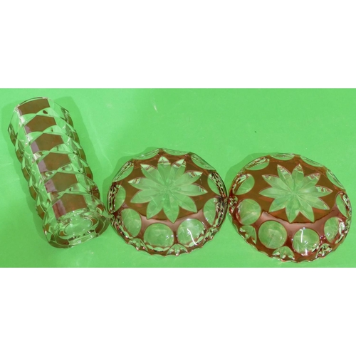 5 - A Pair of Ruby Clear Glass Round Shallow Dishes having thumb pattern rims, 14.5cm diameter, also cle... 