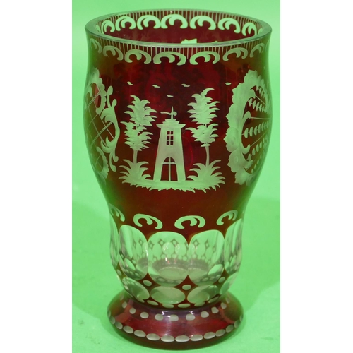 56 - A Ruby and Clear Glass Round Bulbous Shaped Beaker having animal, bird, shell, building and scroll d... 