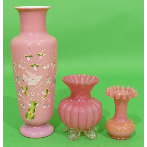 59 - A Victorian Pink Opaline Round Bulbous Thin Necked Trumpet Shaped Vase having raised bird, floral an... 