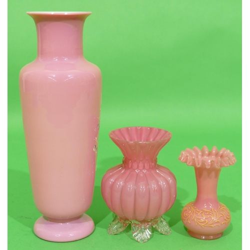 59 - A Victorian Pink Opaline Round Bulbous Thin Necked Trumpet Shaped Vase having raised bird, floral an... 