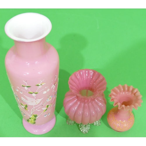 59 - A Victorian Pink Opaline Round Bulbous Thin Necked Trumpet Shaped Vase having raised bird, floral an... 