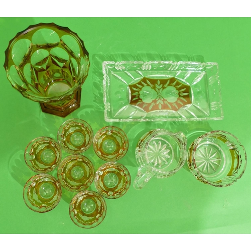 6 - An Amber and Clear Glass Rectangular Shaped Small Tray with matching milk jug and sugar bowl, also a... 