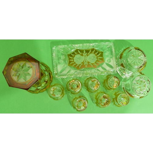 6 - An Amber and Clear Glass Rectangular Shaped Small Tray with matching milk jug and sugar bowl, also a... 