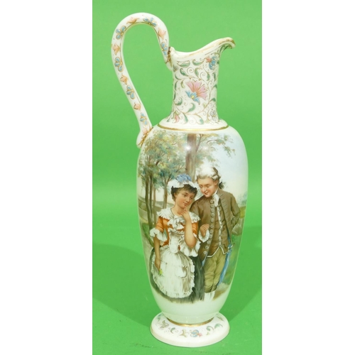 60 - A Victorian Opaline Bulbous Jug having panel of gentleman and lady with all over leaf and gilt decor... 