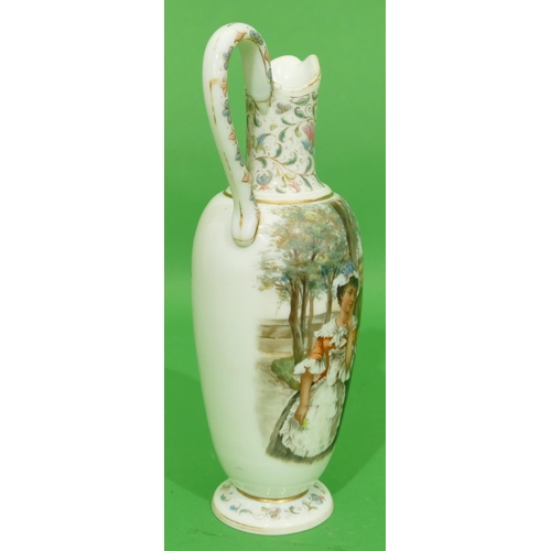 60 - A Victorian Opaline Bulbous Jug having panel of gentleman and lady with all over leaf and gilt decor... 