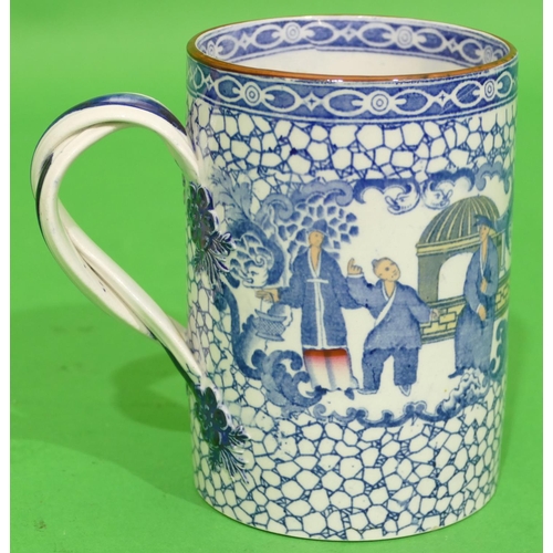 64 - An Adam's China Tankard having twist handle on blue and white ground with coloured bird, basket, flo... 