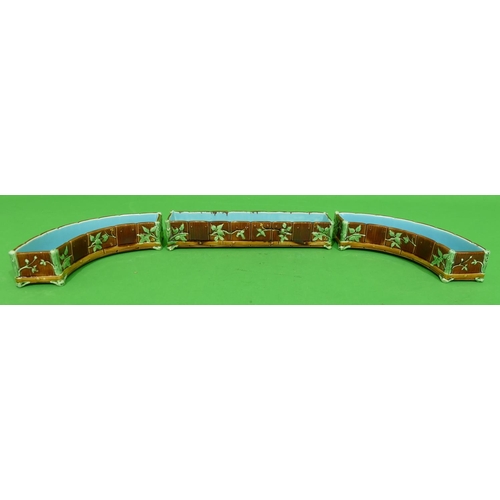 65 - 3 Minton Majolica Trough Shaped Dishes on brown and turquoise ground with raised leaf decoration, nu... 