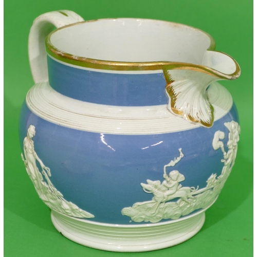 66 - A 19th Century Large Round Bulbous Shaped Jug on white and pale blue ground having raised cupid figu... 