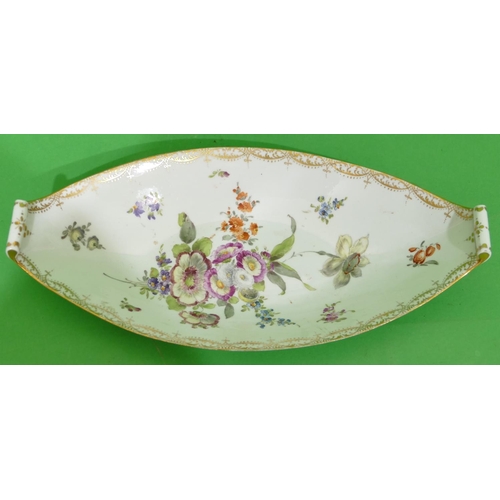 69 - A Dresden Oval Boat Shaped Dish having multicoloured floral, leaf and gilt decoration, 33.5cm wide.