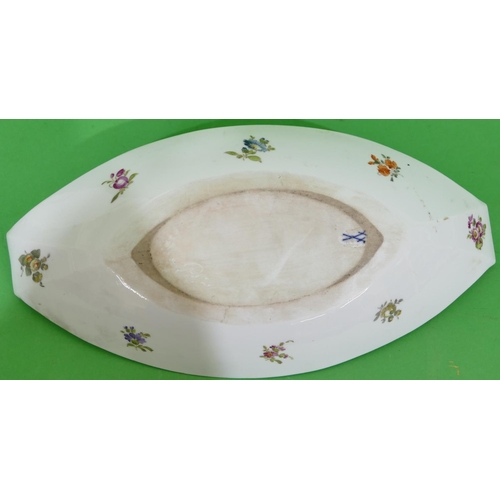 69 - A Dresden Oval Boat Shaped Dish having multicoloured floral, leaf and gilt decoration, 33.5cm wide.