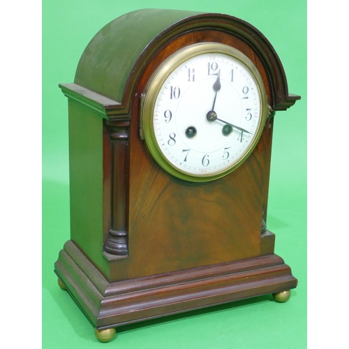 701 - An Edwardian Mahogany Arched Topped 8 Day Striking Mantel Clock having half round corinthian column,... 