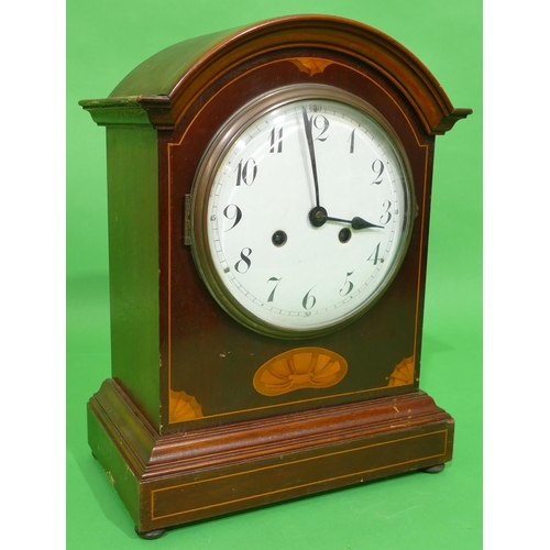 704 - An Edwardian Mahogany Arched Topped Mantle Clock having inlaid, shell motif and stringing, white ena... 