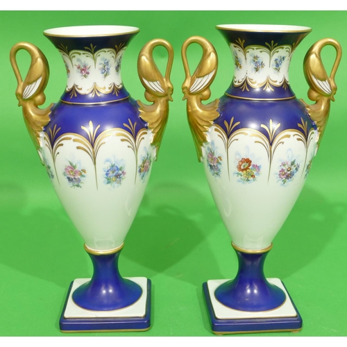 80 - A Pair of Modern Limoges Bulbous Thin Necked Trumpet Shaped 2 Handled Vases on white and blue ground... 