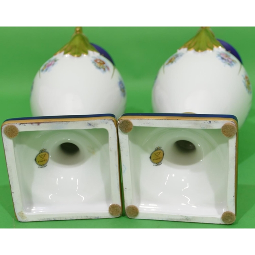 80 - A Pair of Modern Limoges Bulbous Thin Necked Trumpet Shaped 2 Handled Vases on white and blue ground... 