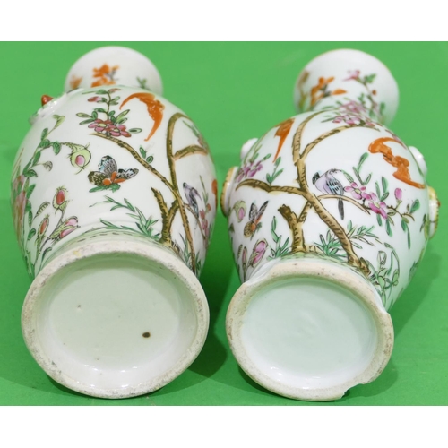 90 - A Pair of 19th Century Oriental Round Bulbous Thin Necked Trumpet Shaped Vases on white ground with ... 