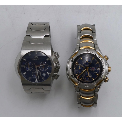 An Accurist alarm chronograph W R 50M steel wristwatch with blue dial and matching strap bracelet a