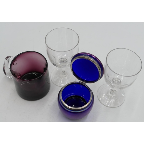 106 - WMF Myra purple glass and plated round bulbous shaped dressing table pot with hinged lid, on ball fe... 