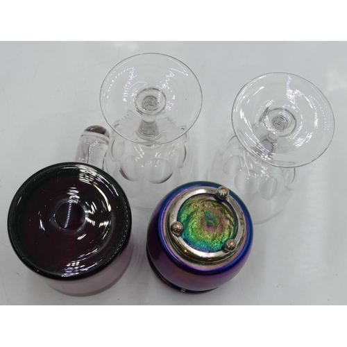 106 - WMF Myra purple glass and plated round bulbous shaped dressing table pot with hinged lid, on ball fe... 