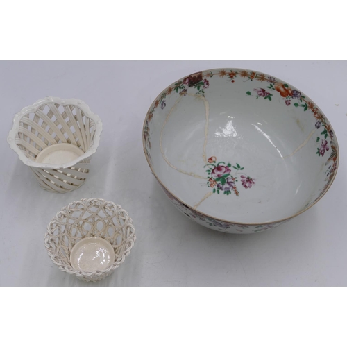 110 - 18/19th Century round fruit bowl on white ground, multi-coloured floral, leaf and scroll decoration ... 