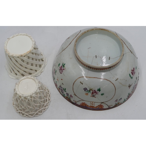 110 - 18/19th Century round fruit bowl on white ground, multi-coloured floral, leaf and scroll decoration ... 