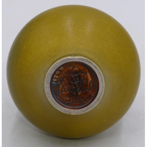 124 - Carl Harry Stalhane, Rorstrand, Sweden round bulbous thin necked vase on yellow ground, signed to ba... 