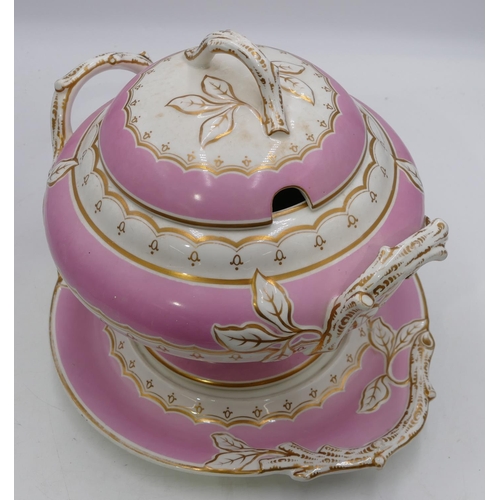 126 - A Grainger, Worcester round bulbous 2 handled lidded soup tureen with saucer on white and pink groun... 