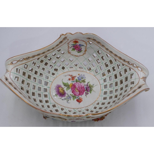 127 - A Dresden fruit bowl with scallop shaped top, allover multi-coloured encrusted floral and pierced de... 