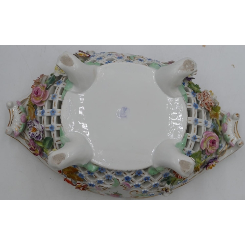 127 - A Dresden fruit bowl with scallop shaped top, allover multi-coloured encrusted floral and pierced de... 