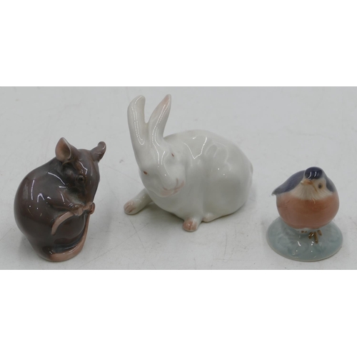 141 - 3 small Royal Copenhagen figures, rat 1801, bird 2238 and white rabbit 1691, largest 5.2cm high. (3)