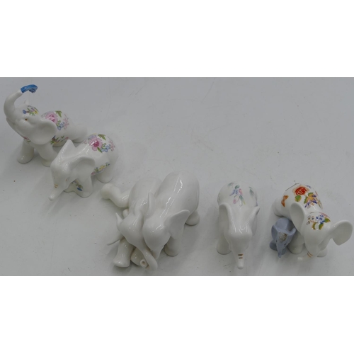 145 - 4 Aynsley figures of elephants, largest 12.5cm high,  a similar Coalport white china group of 2 elep... 