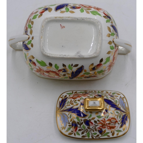 148 - A 19th Century Spode style rectangular bulbous shaped lidded sugar bowl on white ground with multico... 